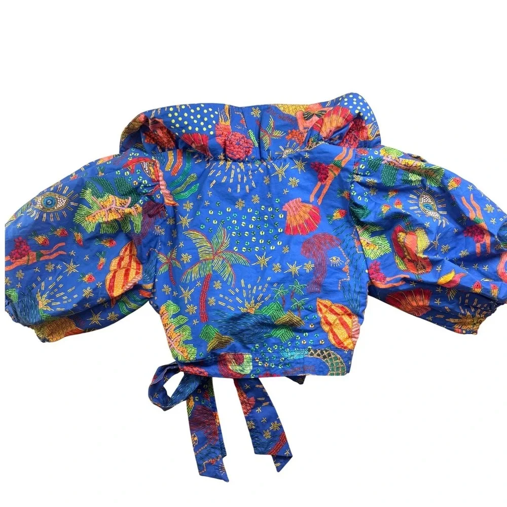 FARM Rio Ocean Blouse XS‎ Blue Multicolor Embroidered Puff Sleeve Wrap Crop Boho
